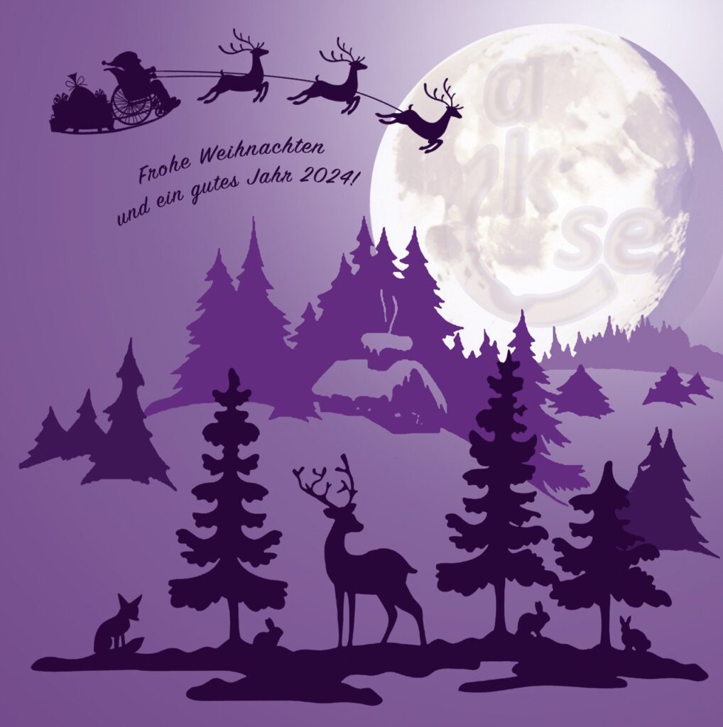 Oben links ist ein Weihnachtsmann mit Rentieren zu sehen rechts ein Mond wo aktiv und selbstbestimmt steht mit dem Logo drunter sind Bäume und ein Reh zu sehen
